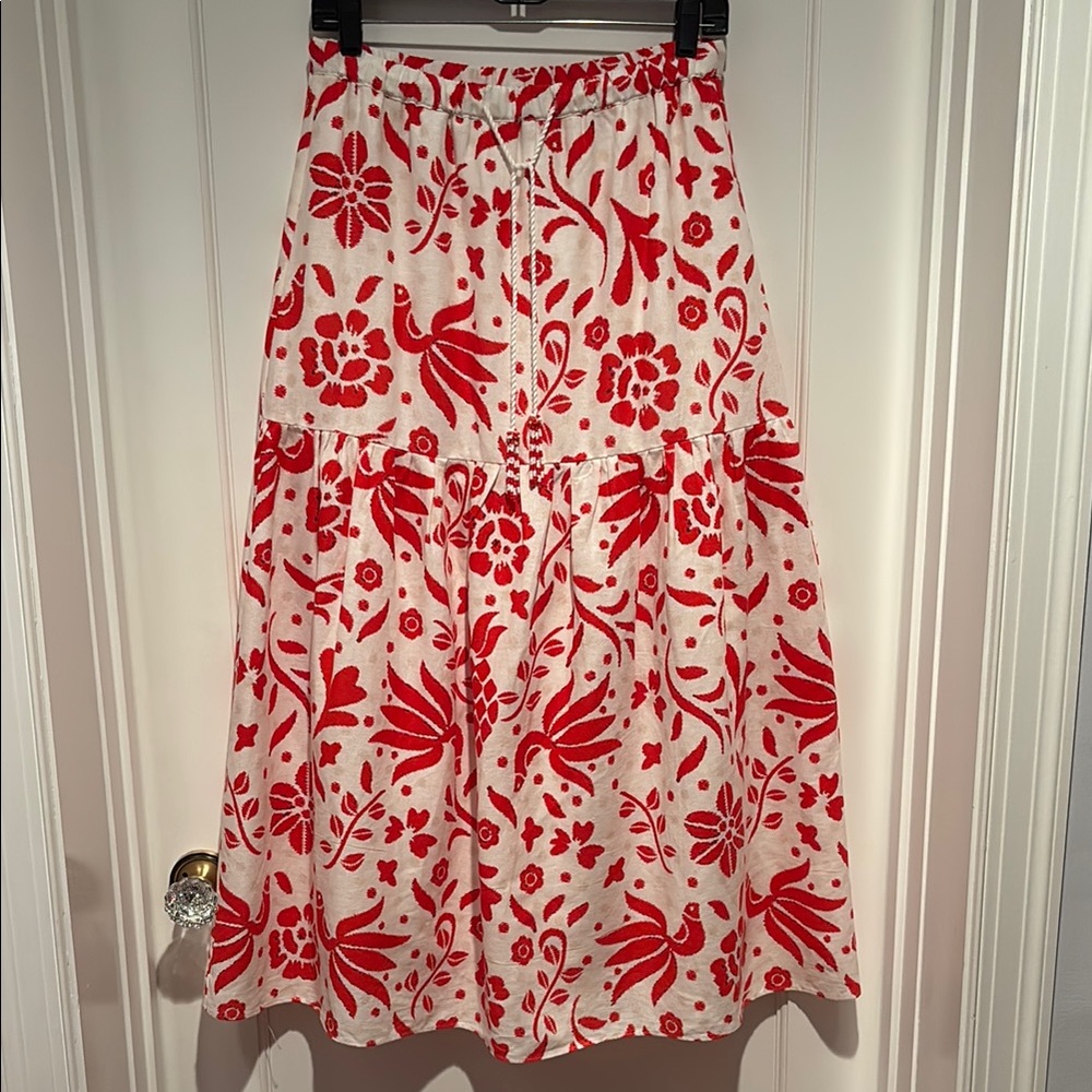 Cupcakes and Cashmere linen blend maxi skirt with flowers, birds, & pineapples